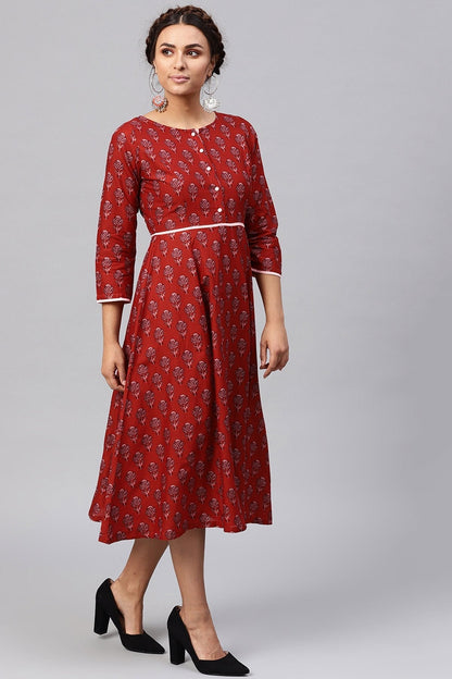 Women's Red Floral Piping Midi