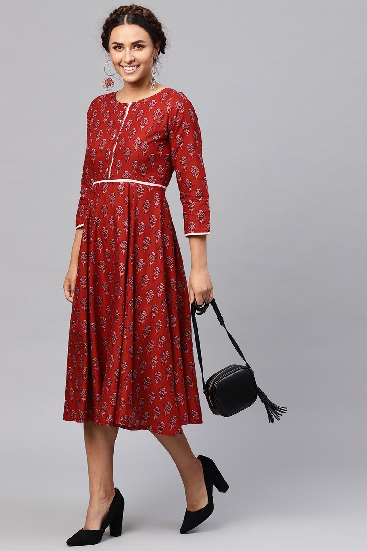 Women's Red Floral Piping Midi