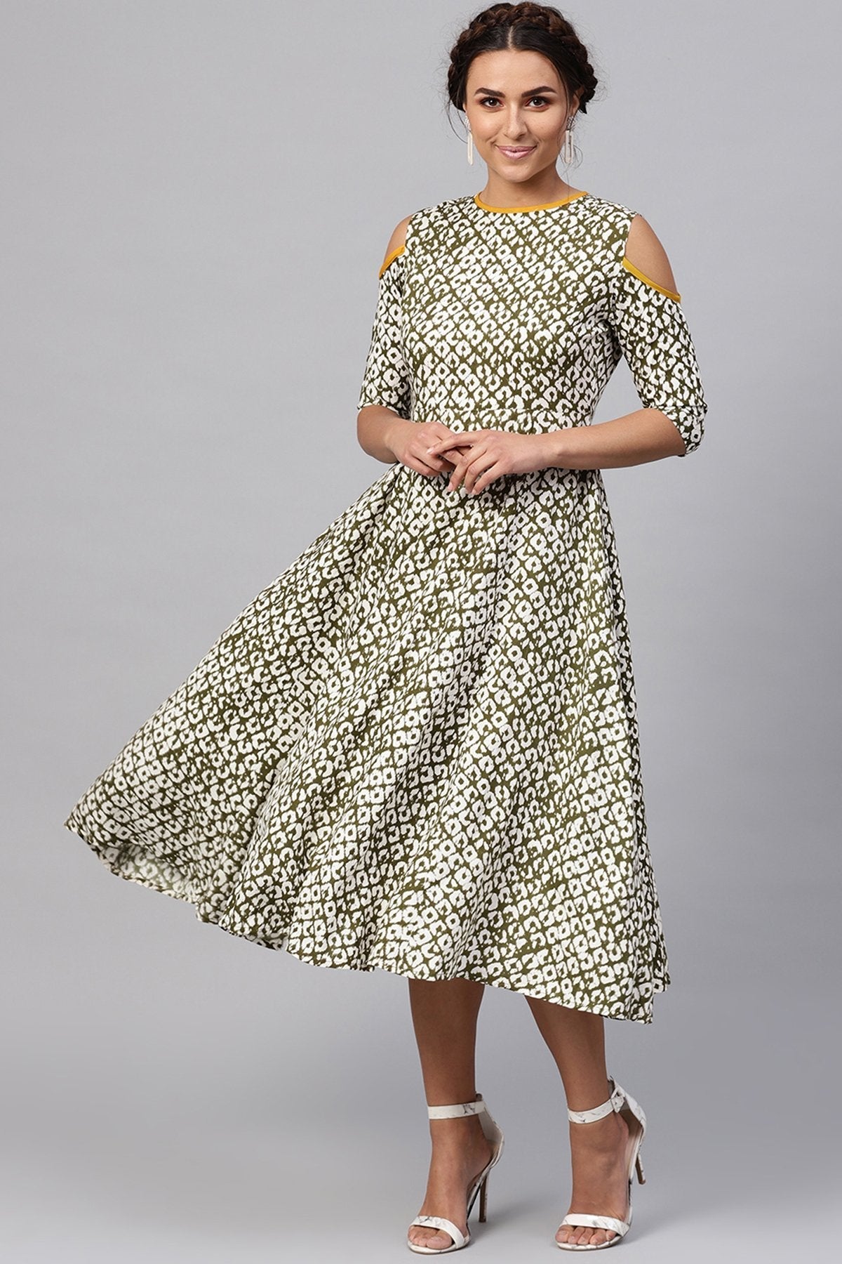 Women's Olive Geo Print Cold Shoulder Midi