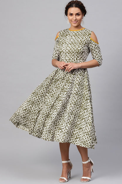 Women's Olive Geo Print Cold Shoulder Midi