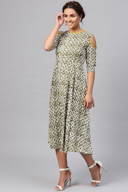 Women's Olive Geo Print Cold Shoulder Midi