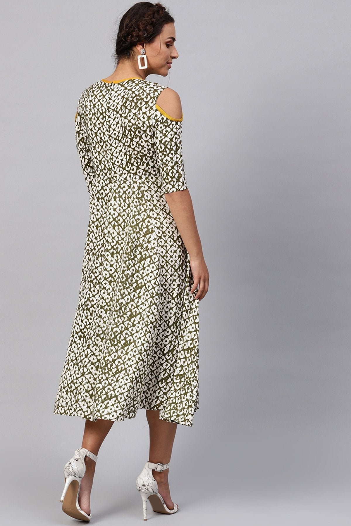 Women's Olive Geo Print Cold Shoulder Midi