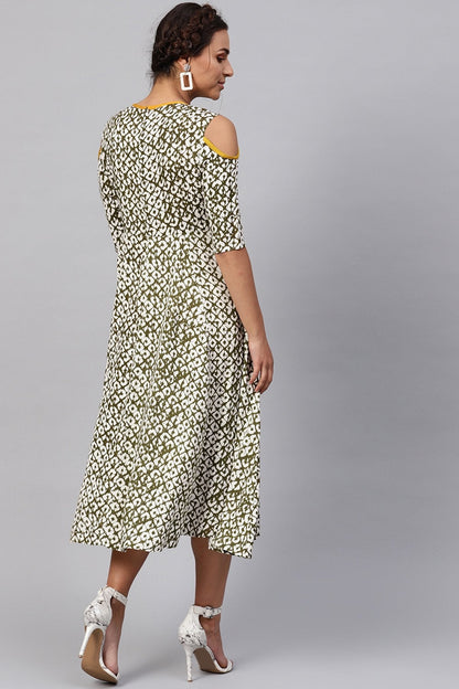 Women's Olive Geo Print Cold Shoulder Midi