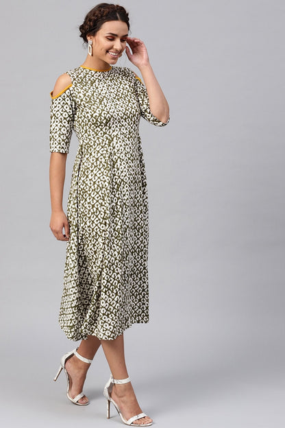 Women's Olive Geo Print Cold Shoulder Midi