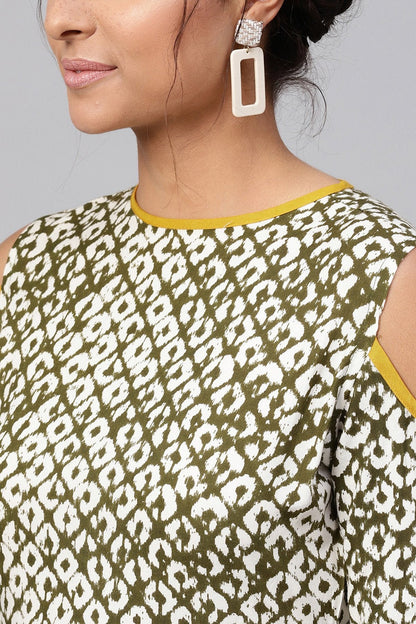Women's Olive Geo Print Cold Shoulder Midi