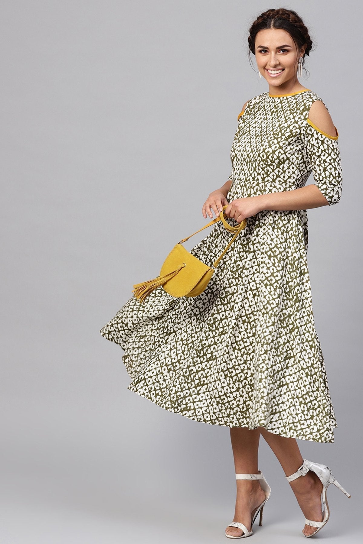 Women's Olive Geo Print Cold Shoulder Midi