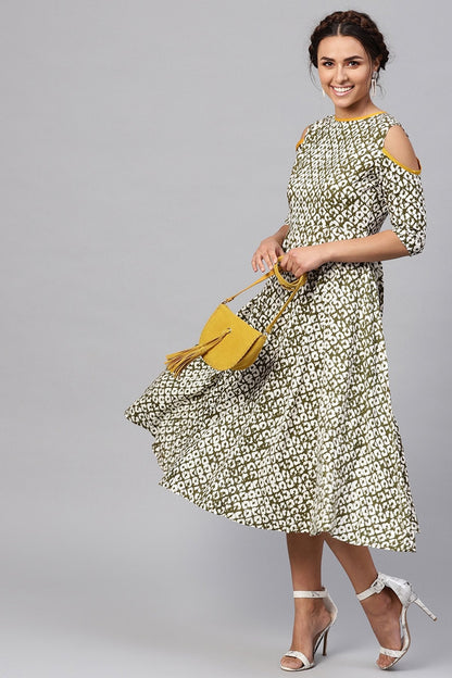 Women's Olive Geo Print Cold Shoulder Midi