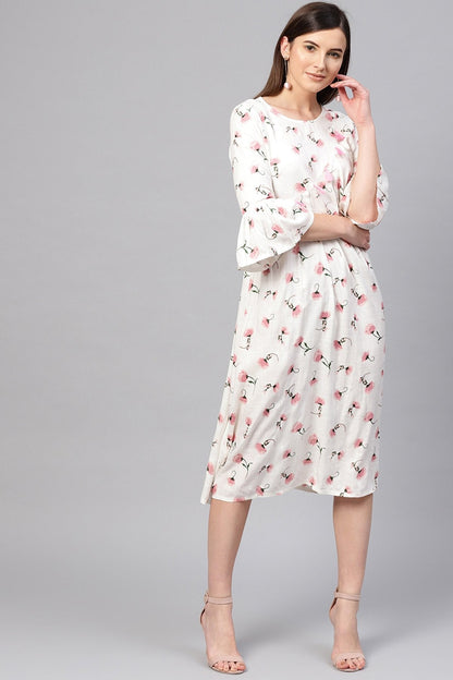 Women's White Floral Front Tassel Midi