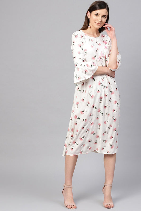 Women's White Floral Front Tassel Midi