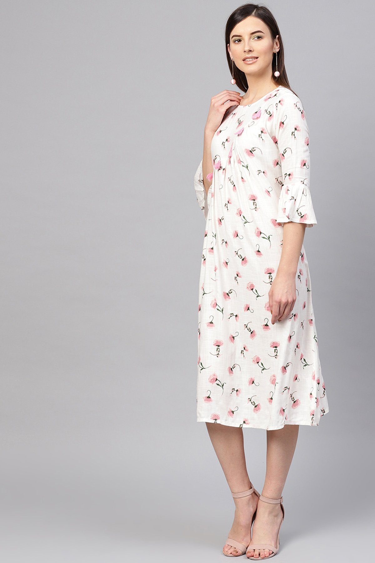Women's White Floral Front Tassel Midi