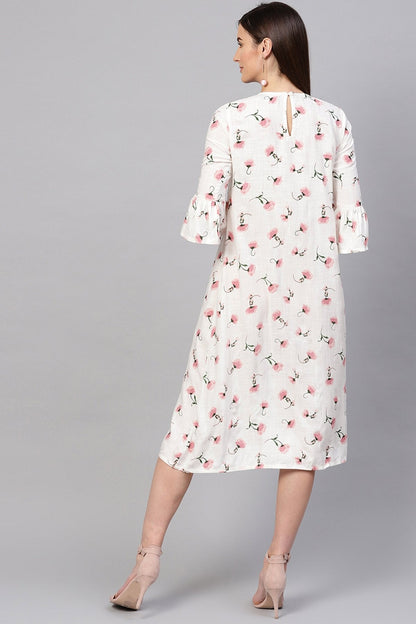 Women's White Floral Front Tassel Midi