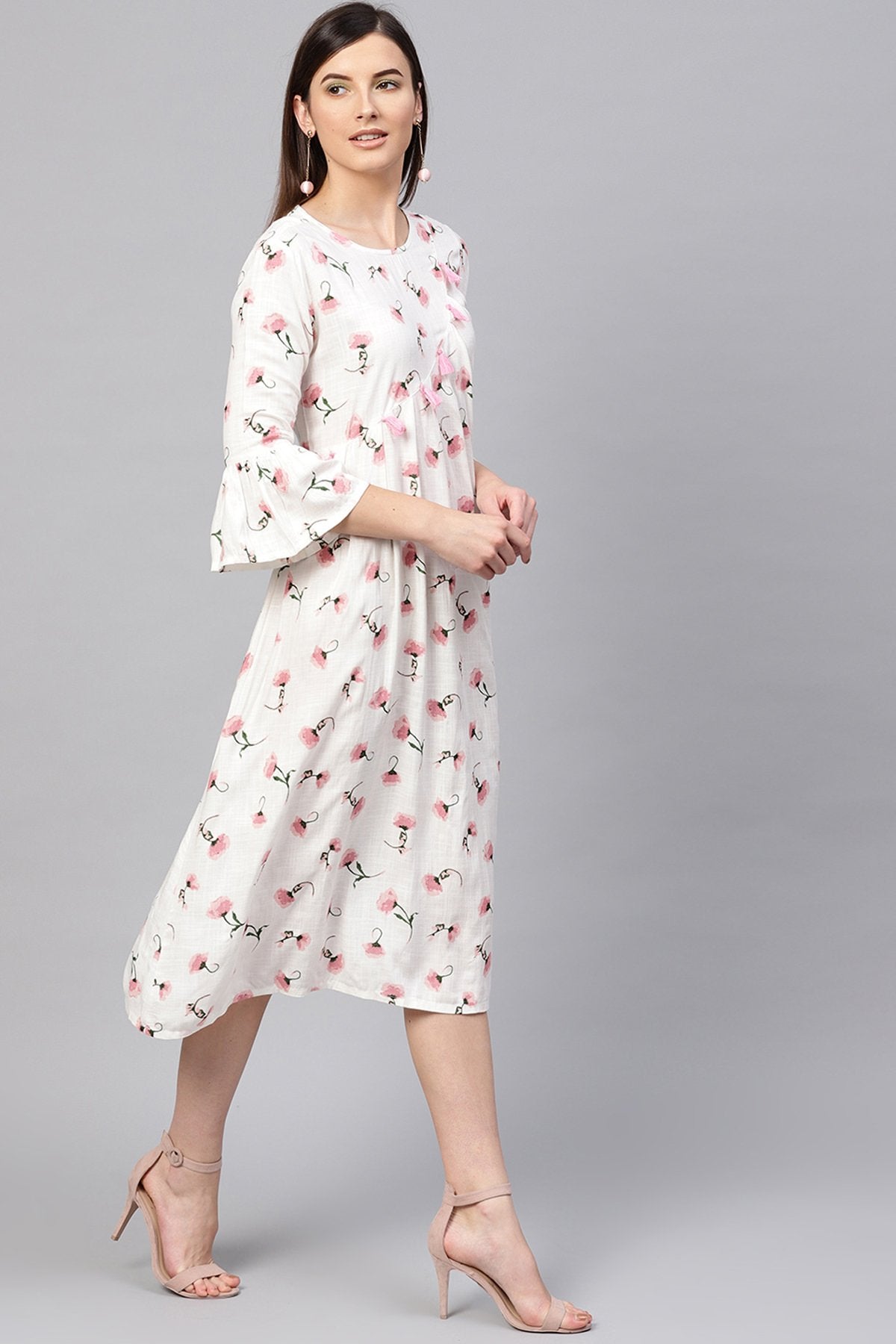 Women's White Floral Front Tassel Midi