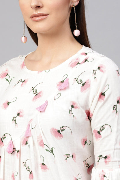 Women's White Floral Front Tassel Midi