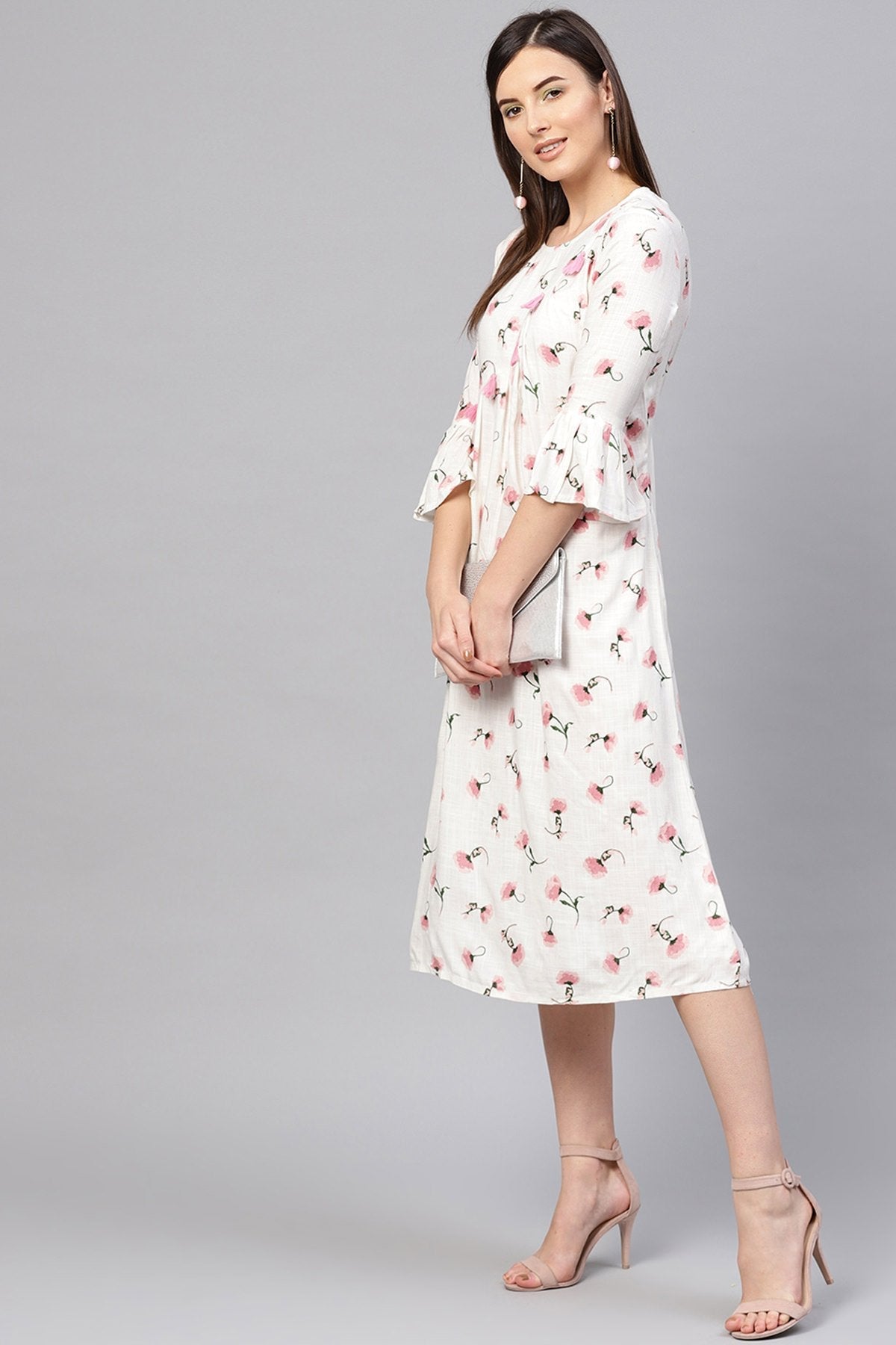Women's White Floral Front Tassel Midi