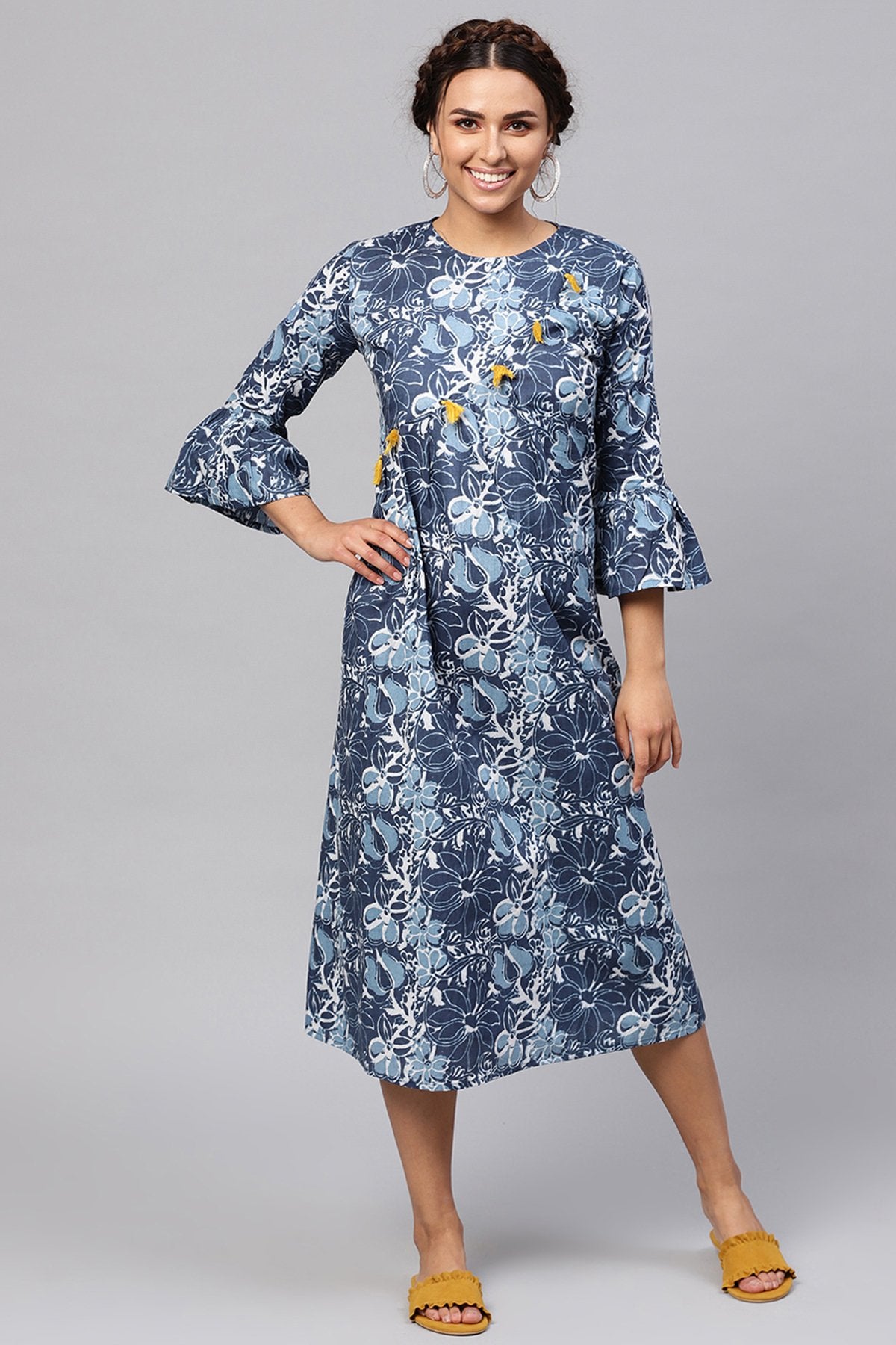 Women's Indigo Floral Front Tassel Midi