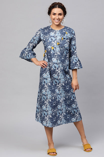 Women's Indigo Floral Front Tassel Midi