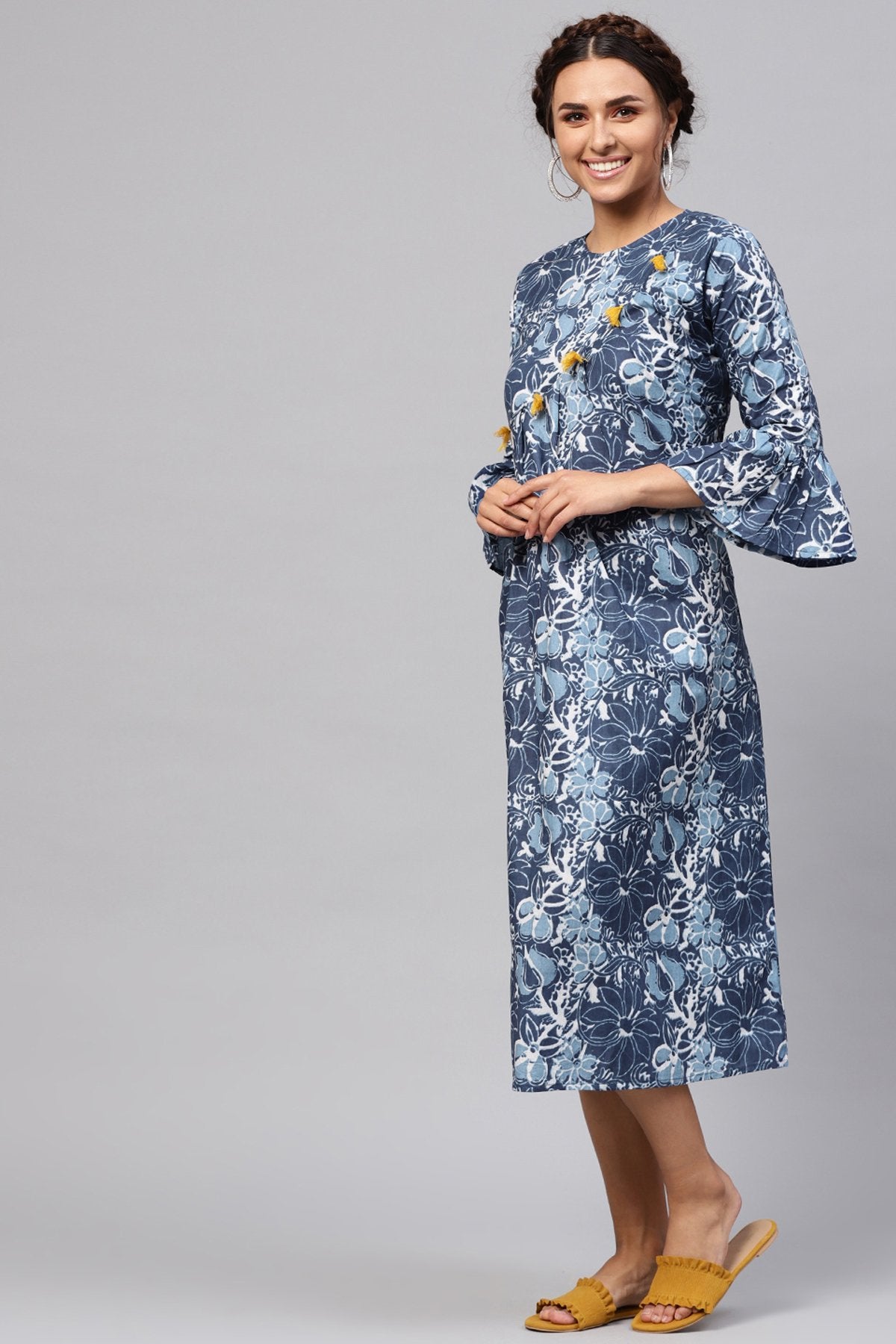 Women's Indigo Floral Front Tassel Midi