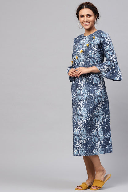 Women's Indigo Floral Front Tassel Midi