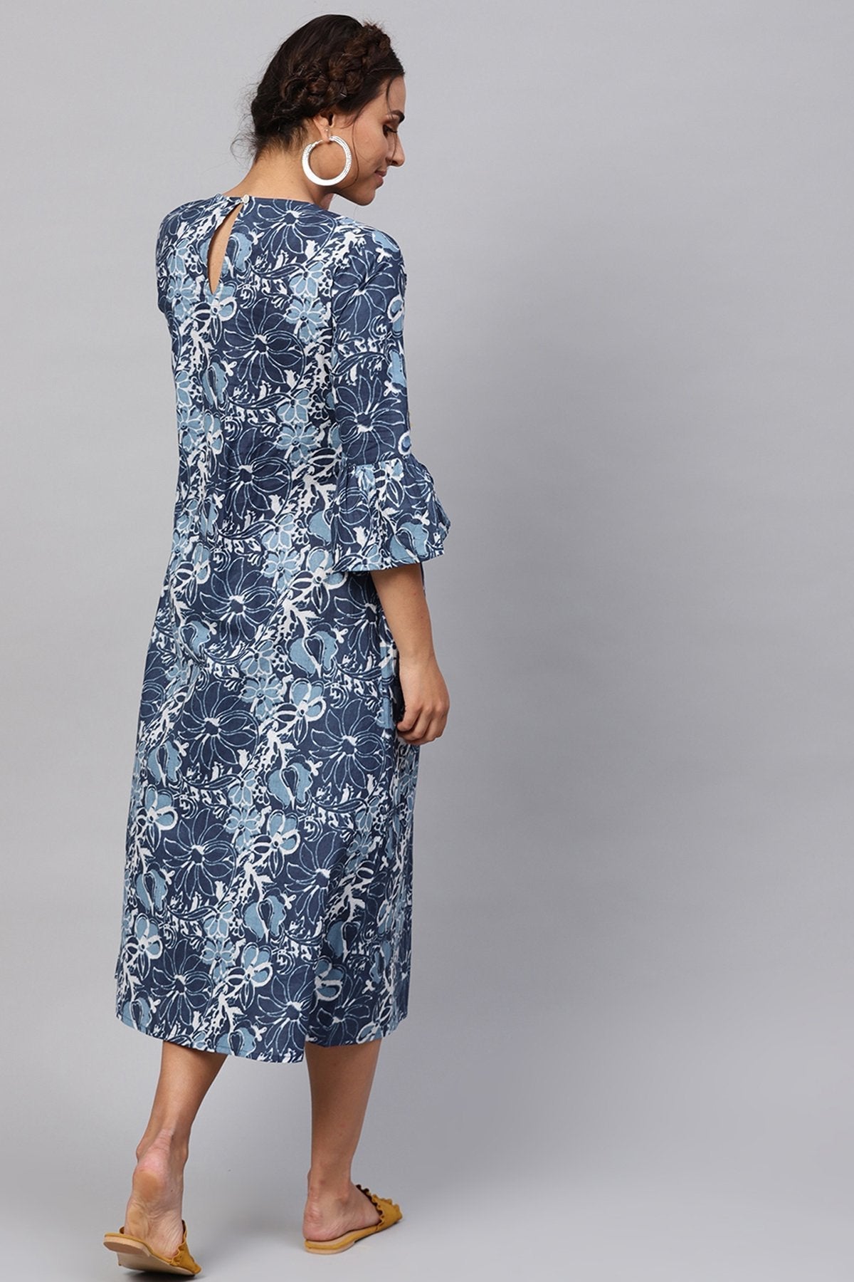 Women's Indigo Floral Front Tassel Midi