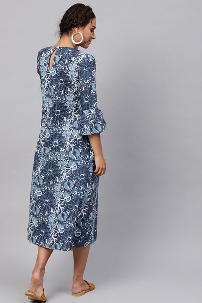 Women's Indigo Floral Front Tassel Midi