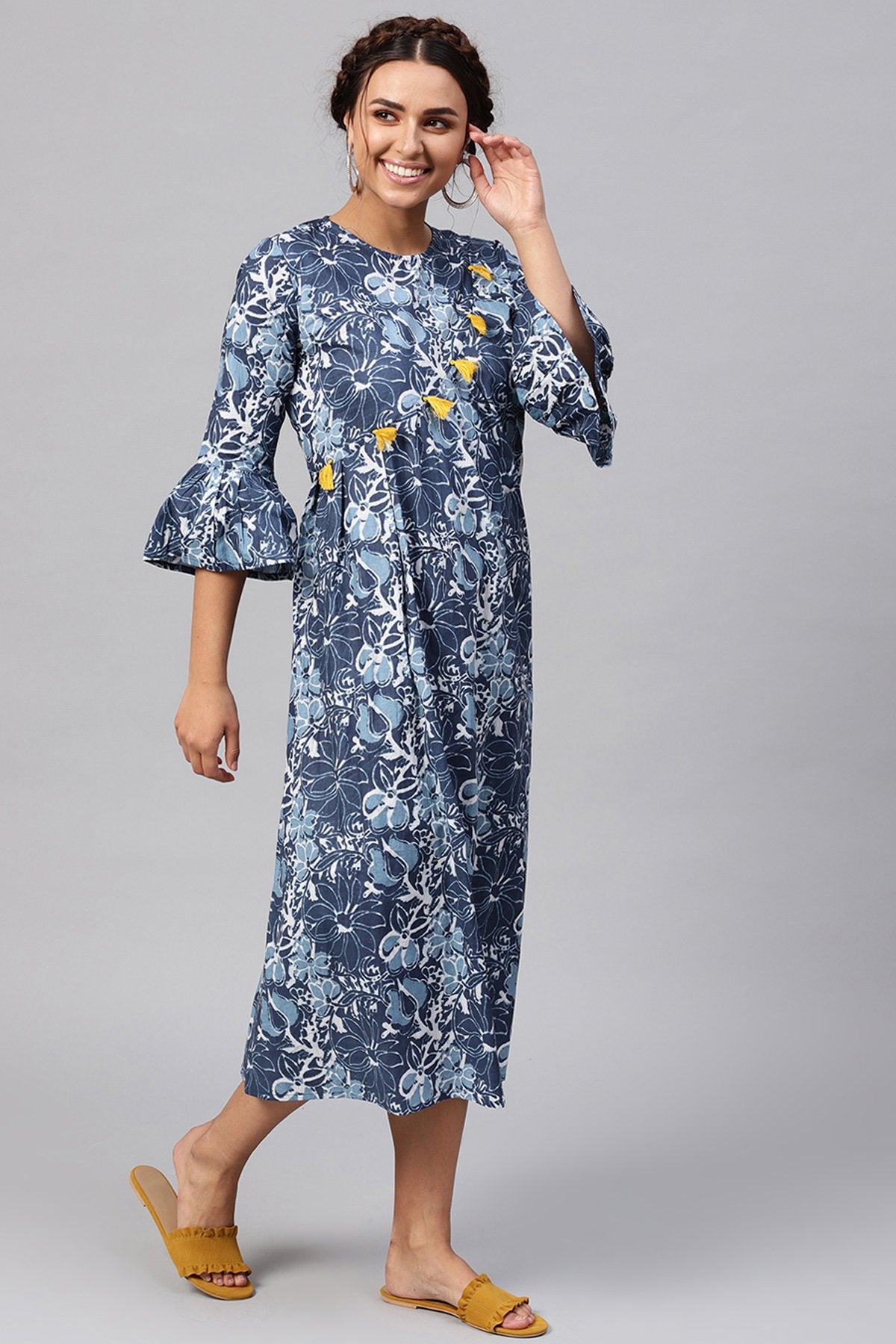 Women's Indigo Floral Front Tassel Midi