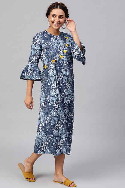 Women's Indigo Floral Front Tassel Midi