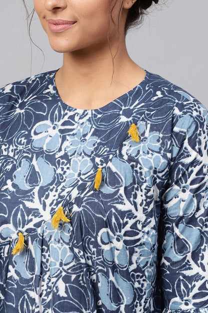 Women's Indigo Floral Front Tassel Midi