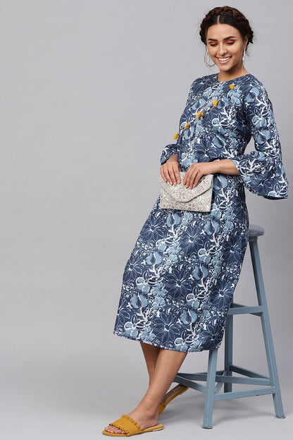 Women's Indigo Floral Front Tassel Midi