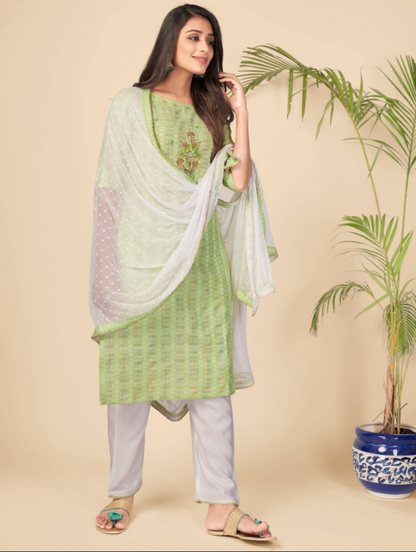 Women's Printed & Hand Work Straight Cotton Parrot Green Kurta Pant With Dupatta (3Pcs Set)