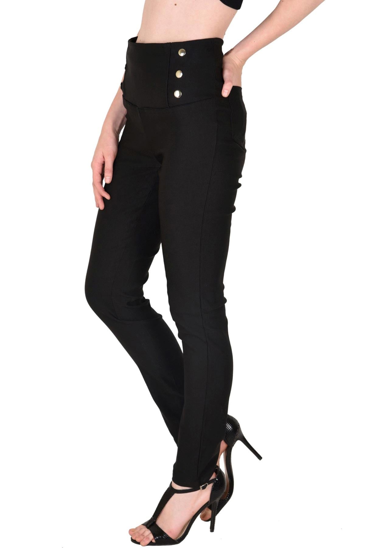 Women's High Waisted Black Button Jeggings