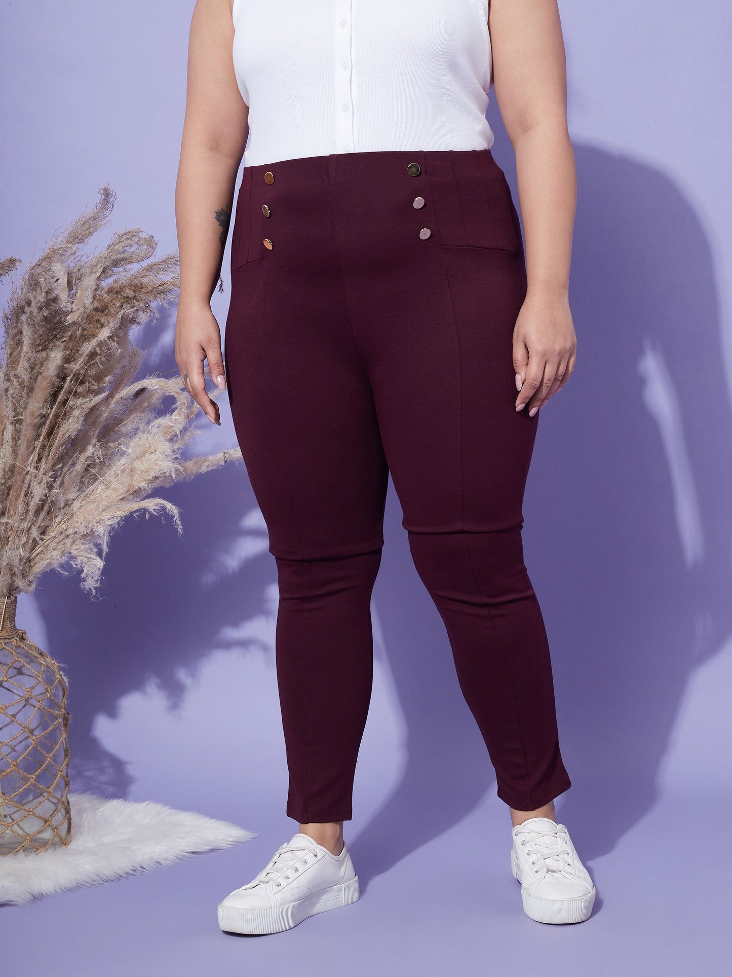 Women's Burgundy Show Button High Waist Jeggings