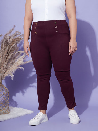 Women's Burgundy Show Button High Waist Jeggings