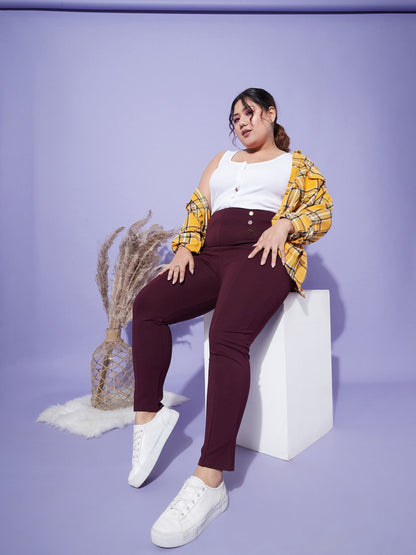 Women's Burgundy Show Button High Waist Jeggings