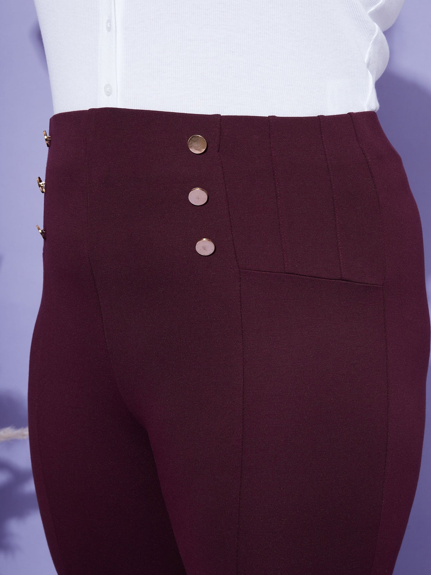 Women's Burgundy Show Button High Waist Jeggings