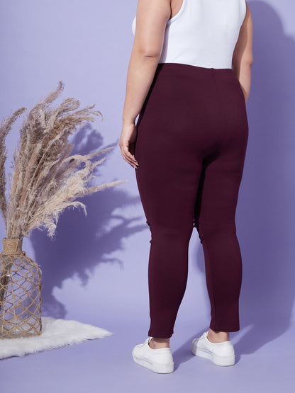 Women's Burgundy Show Button High Waist Jeggings