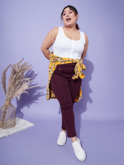 Women's Burgundy Show Button High Waist Jeggings