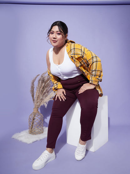 Women's Burgundy Show Button High Waist Jeggings