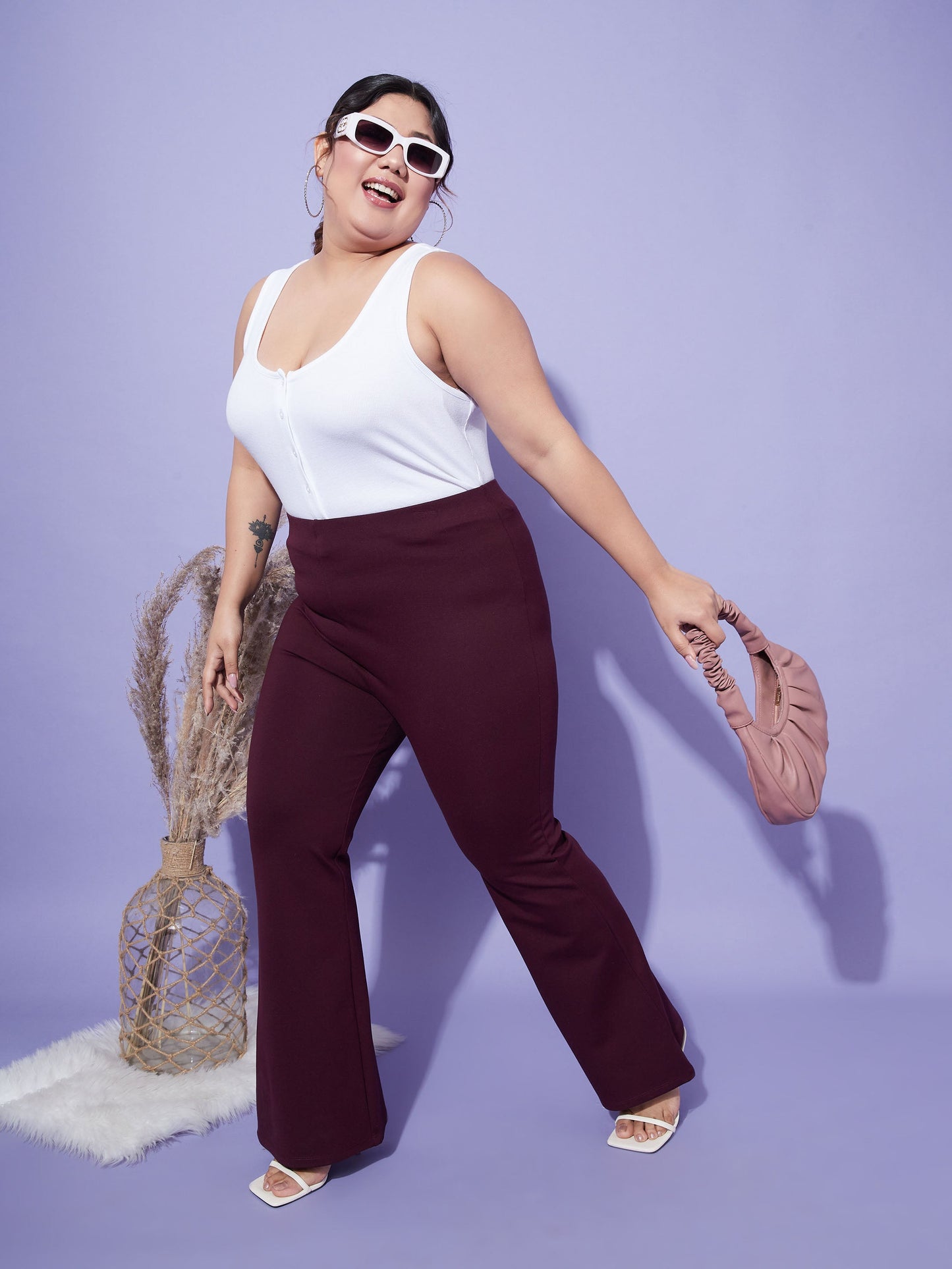 Women's Burgundy Bell Bottom 4-Way Stretch Trousers