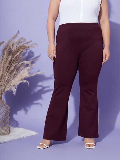 Women's Burgundy Bell Bottom 4-Way Stretch Trousers