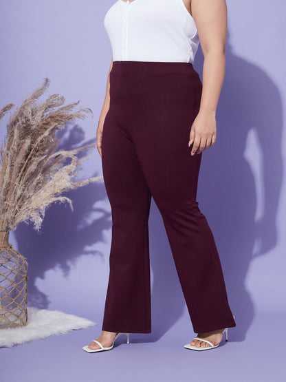 Women's Burgundy Bell Bottom 4-Way Stretch Trousers
