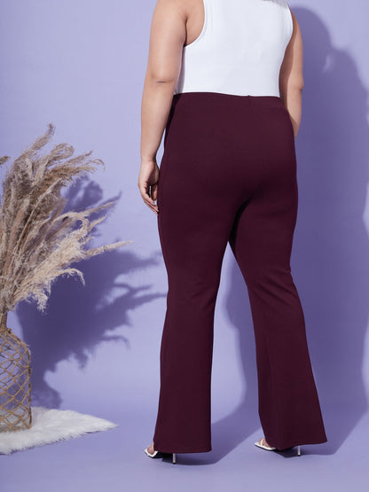 Women's Burgundy Bell Bottom 4-Way Stretch Trousers