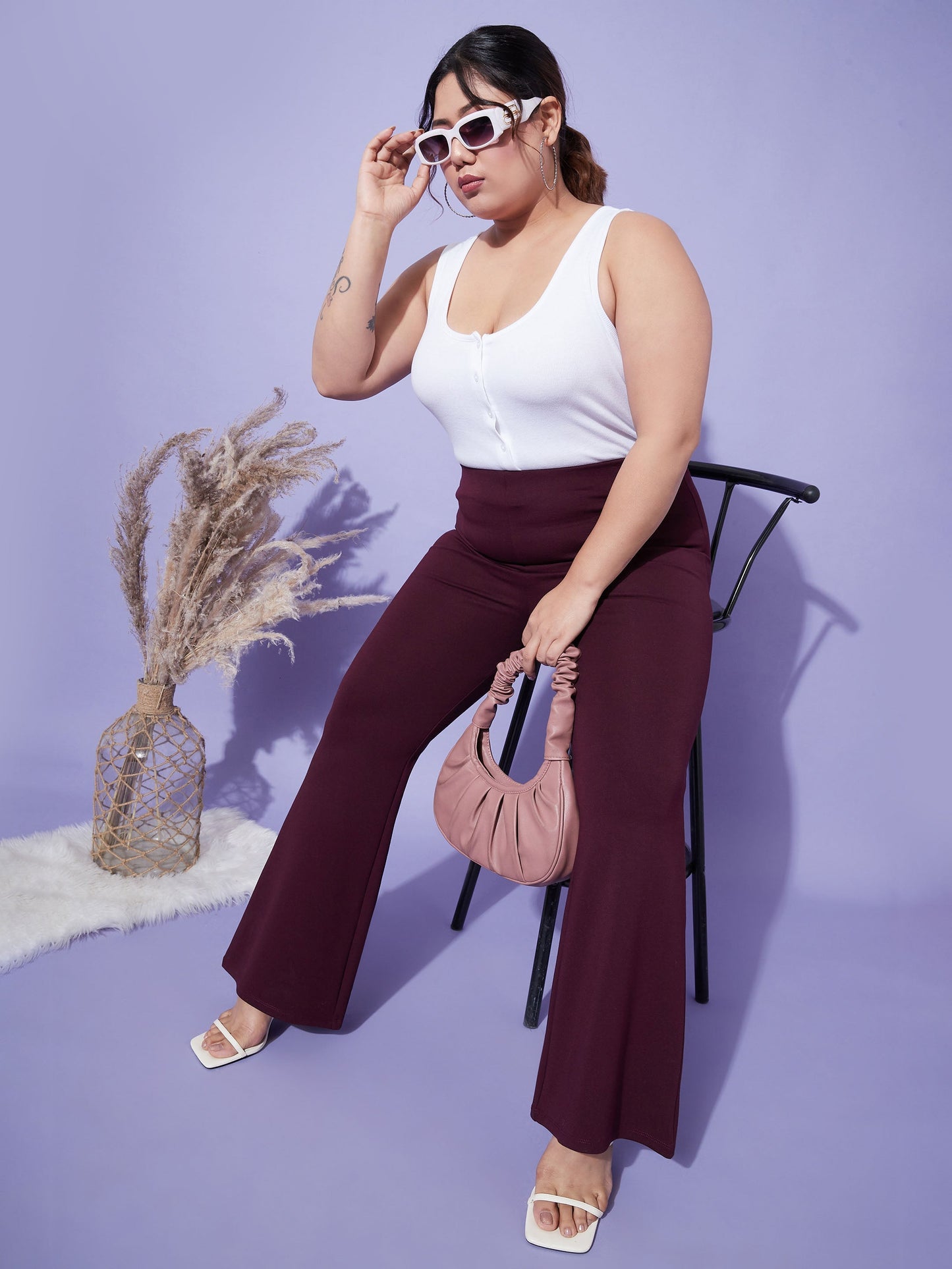 Women's Burgundy Bell Bottom 4-Way Stretch Trousers