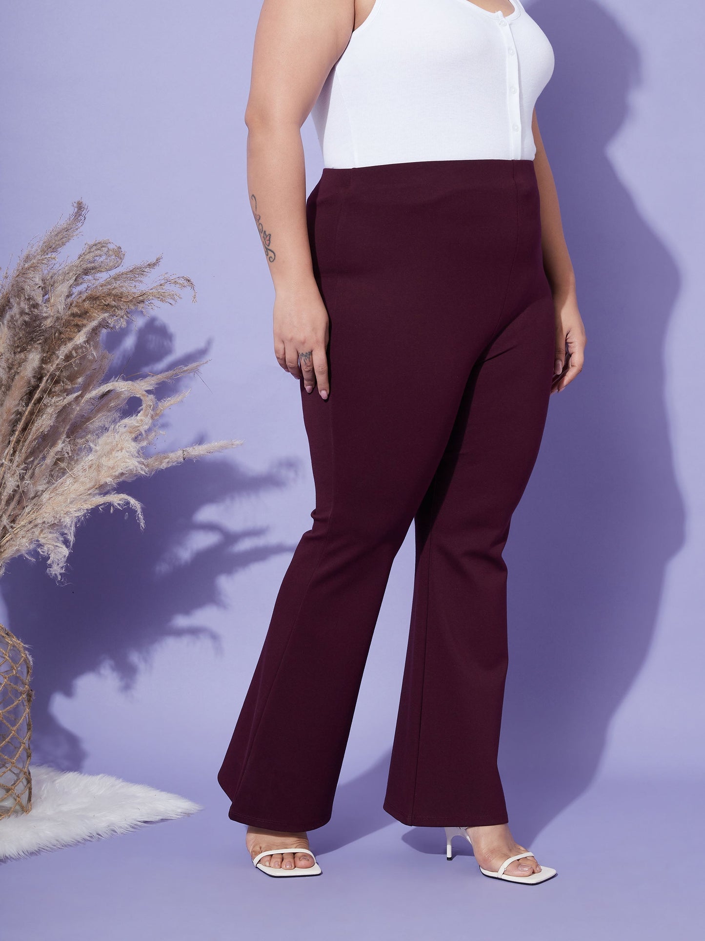 Women's Burgundy Bell Bottom 4-Way Stretch Trousers