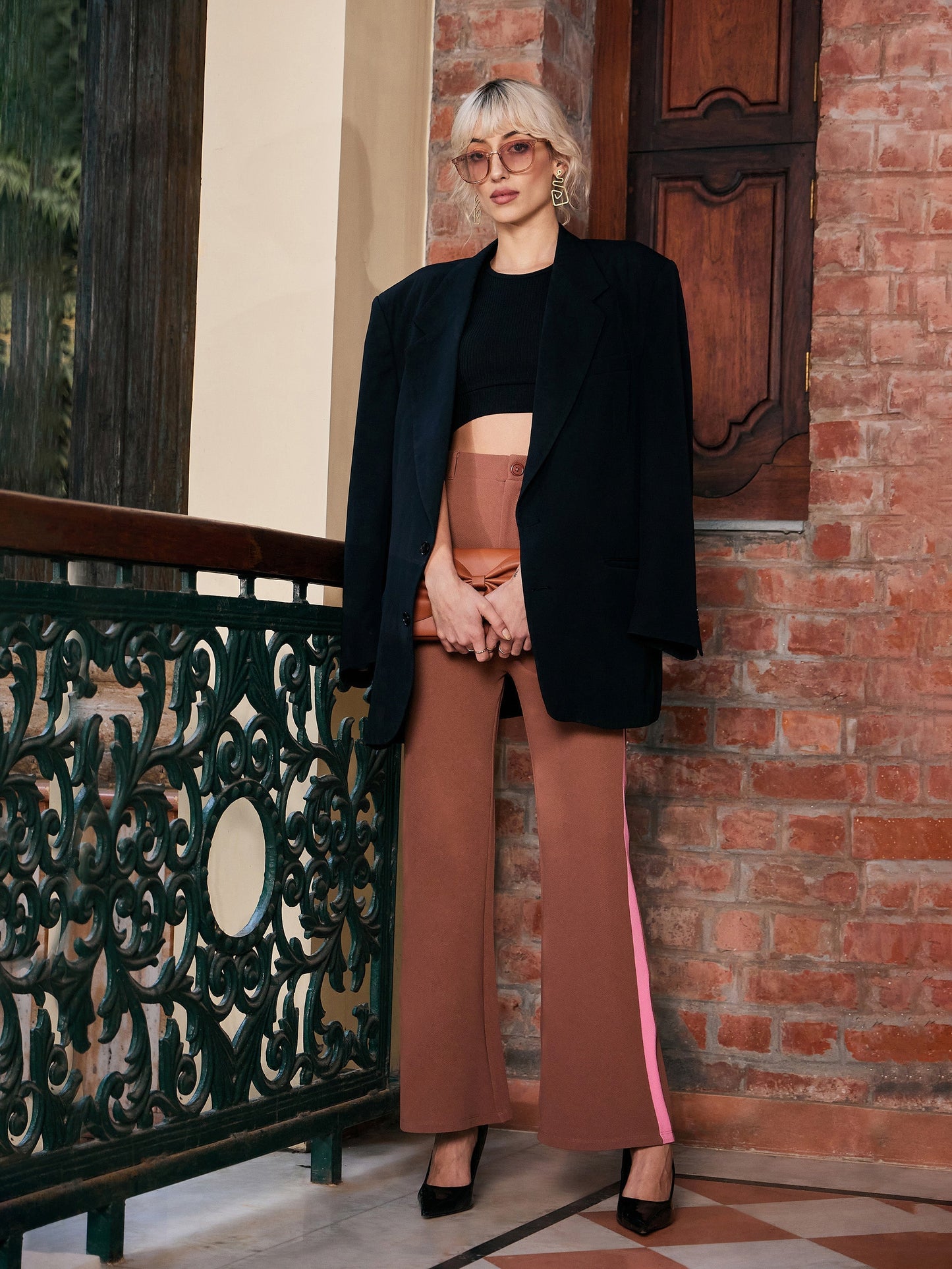 Women's Brown Side Tape Bell Bottom Knitted Pants