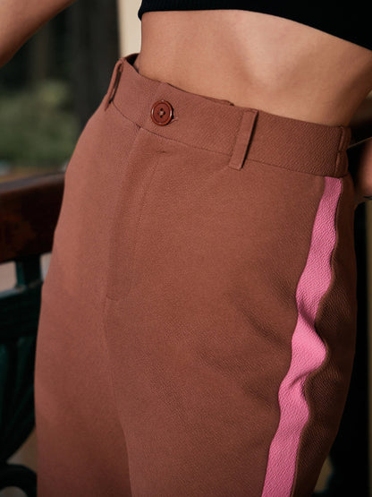 Women's Brown Side Tape Bell Bottom Knitted Pants
