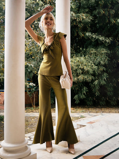 Women's Olive Bell Bottom Kick Pleats Knitted Pants