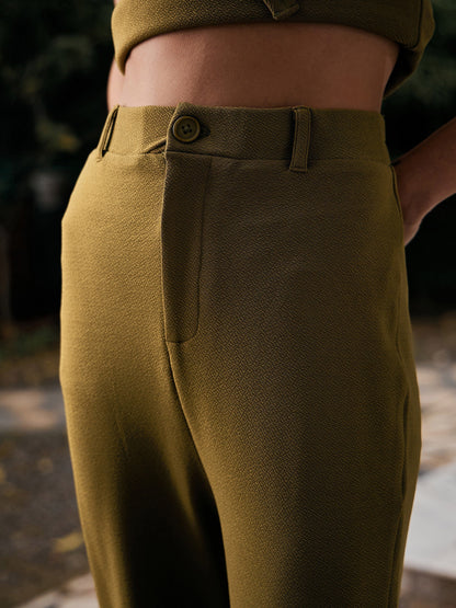 Women's Olive Bell Bottom Kick Pleats Knitted Pants