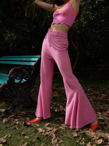 Women's Pink Bell Bottom Kick Pleats Knitted Pants