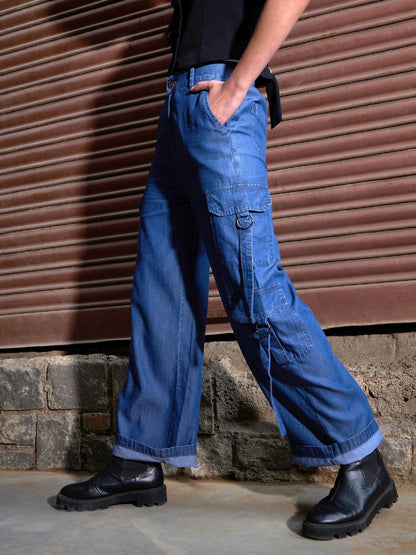 Women's Blue Tencel Cargo Pants