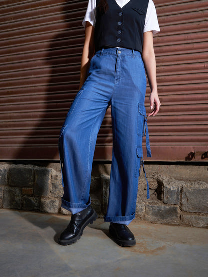 Women's Blue Tencel Cargo Pants